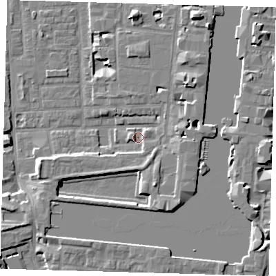 Shaded relief map of the ground around E148PF, computed from Environment Agency LiDAR. The ground here sits at about 3 m above sea level and falls 9 m across the surrounding 800 m. Surface water reaching this point runs off ground lying to the south, 2.8 m higher.