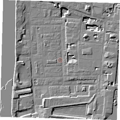 Shaded relief map of the ground around E148PG, computed from Environment Agency LiDAR. The ground here sits at about 2 m above sea level and falls 17 m across the surrounding 800 m. Surface water reaching this point runs off ground lying to the east-north-east, 16.9 m higher.