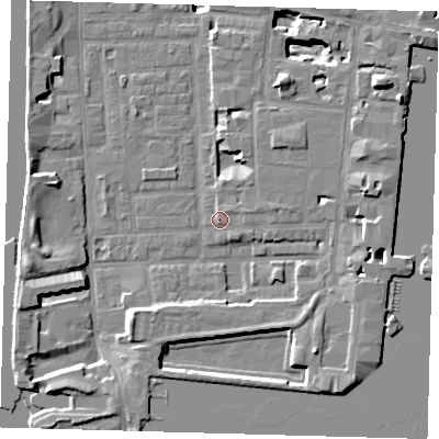 Shaded relief map of the ground around E148PH, computed from Environment Agency LiDAR. The ground here sits at about 3 m above sea level and falls 17 m across the surrounding 800 m. Surface water reaching this point runs off ground lying to the east-north-east, 1.7 m higher.