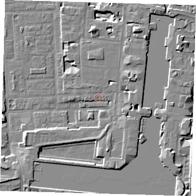 Shaded relief map of the ground around E148PJ, computed from Environment Agency LiDAR. The ground here sits at about 4 m above sea level and falls 11 m across the surrounding 800 m. Surface water reaching this point runs off ground lying to the north, 3.4 m higher.