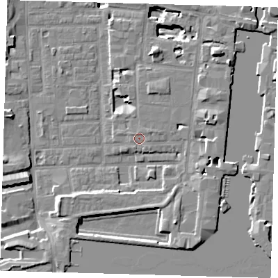 Shaded relief map of the ground around E148PL, computed from Environment Agency LiDAR. The ground here sits at about 4 m above sea level and falls 17 m across the surrounding 800 m. Surface water reaching this point runs off ground lying to the east-north-east, 1.3 m higher.