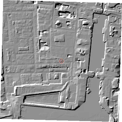 Shaded relief map of the ground around E148PN, computed from Environment Agency LiDAR. The ground here sits at about 4 m above sea level and falls 17 m across the surrounding 800 m. Surface water reaching this point runs off ground lying to the north, 3.4 m higher.