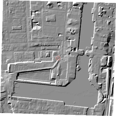 Shaded relief map of the ground around E148PP, computed from Environment Agency LiDAR. The ground here sits at about 4 m above sea level and falls 9 m across the surrounding 800 m. Surface water reaching this point runs off ground lying to the south, 6.0 m higher.