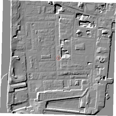 Shaded relief map of the ground around E148PQ, computed from Environment Agency LiDAR. The ground here sits at about 2 m above sea level and falls 17 m across the surrounding 800 m. Surface water reaching this point runs off ground lying to the east, 6.7 m higher.
