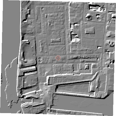 Shaded relief map of the ground around E148PR, computed from Environment Agency LiDAR. The ground here sits at about 2 m above sea level and falls 11 m across the surrounding 800 m. Surface water reaching this point runs off ground lying to the east-north-east, 6.7 m higher.