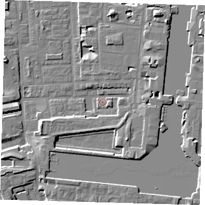 Shaded relief map of the ground around E148PS, computed from Environment Agency LiDAR. The ground here sits at about 3 m above sea level and falls 9 m across the surrounding 800 m. Surface water reaching this point runs off ground lying to the north-east, 6.7 m higher.