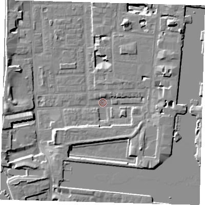 Shaded relief map of the ground around E148PT, computed from Environment Agency LiDAR. The ground here sits at about 2 m above sea level and falls 11 m across the surrounding 800 m. Surface water reaching this point runs off ground lying to the east-north-east, 6.7 m higher.