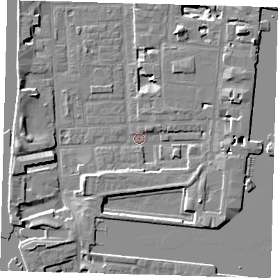 Shaded relief map of the ground around E148PU, computed from Environment Agency LiDAR. The ground here sits at about 2 m above sea level and falls 11 m across the surrounding 800 m. Surface water reaching this point runs off ground lying to the east-north-east, 6.7 m higher.
