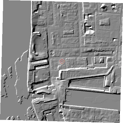 Shaded relief map of the ground around E148PX, computed from Environment Agency LiDAR. The ground here sits at about 2 m above sea level and falls 7 m across the surrounding 800 m. Surface water reaching this point runs off ground lying to the west-south-west, 5.0 m higher.