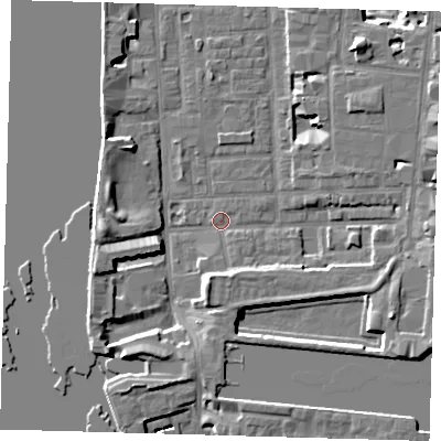 Shaded relief map of the ground around E148PY, computed from Environment Agency LiDAR. The ground here sits at about 2 m above sea level and falls 9 m across the surrounding 800 m. Surface water reaching this point runs off ground lying to the west, 6.2 m higher.