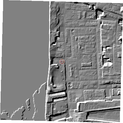 Shaded relief map of the ground around E148QB, computed from Environment Agency LiDAR. The ground here sits at about 3 m above sea level and falls 15 m across the surrounding 800 m. Surface water reaching this point runs off ground lying to the south-south-west, 5.8 m higher.