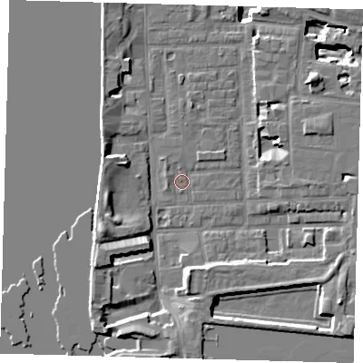 Shaded relief map of the ground around E148QE, computed from Environment Agency LiDAR. The ground here sits at about 2 m above sea level and falls 15 m across the surrounding 800 m. Surface water reaching this point runs off ground lying to the west-south-west, 6.2 m higher.