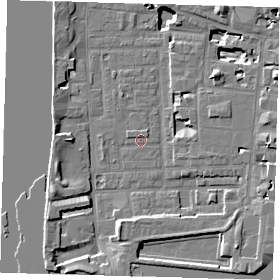 Shaded relief map of the ground around E148QF, computed from Environment Agency LiDAR. The ground here sits at about 3 m above sea level and falls 17 m across the surrounding 800 m. Surface water reaching this point runs off ground lying to the north-west, 0.7 m higher.
