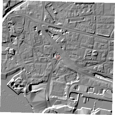 Shaded relief map of the ground around E148QN, computed from Environment Agency LiDAR. The ground here sits at about 4 m above sea level and falls 17 m across the surrounding 800 m. Surface water reaching this point runs off ground lying to the south-south-east, 14.0 m higher.