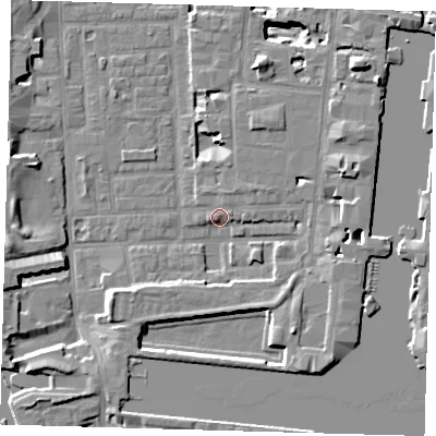 Shaded relief map of the ground around E148QQ, computed from Environment Agency LiDAR. The ground here sits at about 4 m above sea level and falls 11 m across the surrounding 800 m. Surface water reaching this point runs off ground lying to the east-north-east, 6.7 m higher.