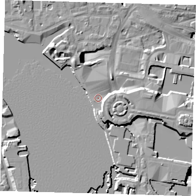 Shaded relief map of the ground around E148RH, computed from Environment Agency LiDAR. The ground here sits at about 5 m above sea level and falls 19 m across the surrounding 800 m. Surface water reaching this point runs off ground lying to the south-south-east, 1.5 m higher.