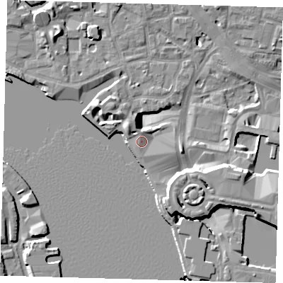 Shaded relief map of the ground around E148RJ, computed from Environment Agency LiDAR. The ground here sits at about 5 m above sea level and falls 14 m across the surrounding 800 m. Surface water reaching this point runs off ground lying to the west-north-west, 2.3 m higher.