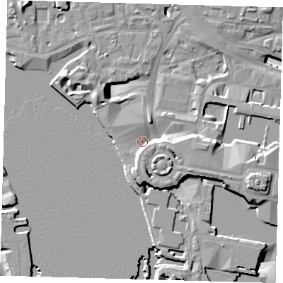 Shaded relief map of the ground around E148RP, computed from Environment Agency LiDAR. The ground here sits at about 4 m above sea level and falls 19 m across the surrounding 800 m. Surface water reaching this point runs off ground lying to the south-east, 9.2 m higher.