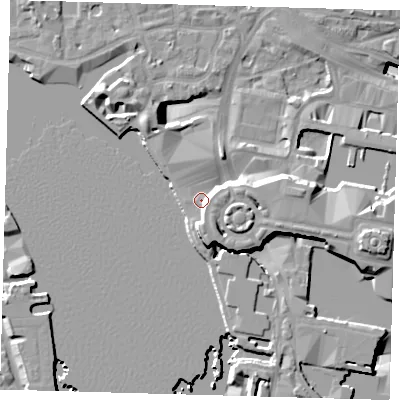 Shaded relief map of the ground around E148RR, computed from Environment Agency LiDAR. The ground here sits at about 6 m above sea level and falls 19 m across the surrounding 800 m. The ground contributing surface water to this point lies to the south-south-east.