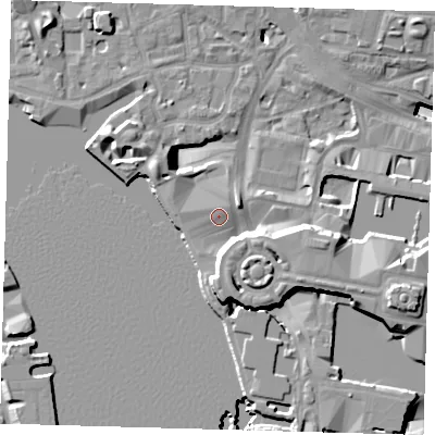 Shaded relief map of the ground around E148RS, computed from Environment Agency LiDAR. The ground here sits at about 5 m above sea level and falls 19 m across the surrounding 800 m. Surface water reaching this point runs off ground lying to the south-east, 9.2 m higher.