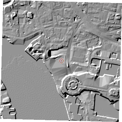 Shaded relief map of the ground around E148RW, computed from Environment Agency LiDAR. The ground here sits at about 4 m above sea level and falls 19 m across the surrounding 800 m. Surface water reaching this point runs off ground lying to the south-south-east, 10.3 m higher.