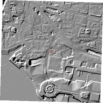 Shaded relief map of the ground around E148SA, computed from Environment Agency LiDAR. The ground here sits at about 3 m above sea level and falls 19 m across the surrounding 800 m. Surface water reaching this point runs off ground lying to the south, 13.0 m higher.