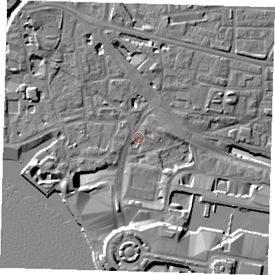 Shaded relief map of the ground around E148SB, computed from Environment Agency LiDAR. The ground here sits at about 3 m above sea level and falls 19 m across the surrounding 800 m. Surface water reaching this point runs off ground lying to the south, 14.0 m higher.