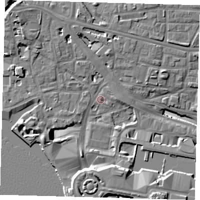 Shaded relief map of the ground around E148SD, computed from Environment Agency LiDAR. The ground here sits at about 3 m above sea level and falls 19 m across the surrounding 800 m. Surface water reaching this point runs off ground lying to the south, 14.0 m higher.