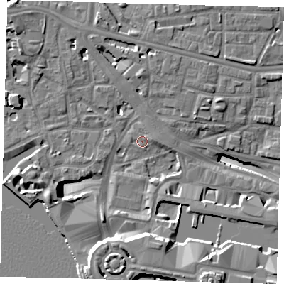 Shaded relief map of the ground around E148SE, computed from Environment Agency LiDAR. The ground here sits at about 3 m above sea level and falls 19 m across the surrounding 800 m. Surface water reaching this point runs off ground lying to the south, 14.0 m higher.