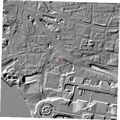 Shaded relief map of the ground around E148SF, computed from Environment Agency LiDAR. The ground here sits at about 3 m above sea level and falls 19 m across the surrounding 800 m. Surface water reaching this point runs off ground lying to the south, 14.0 m higher.