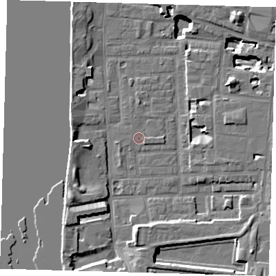 Shaded relief map of the ground around E148SJ, computed from Environment Agency LiDAR. The ground here sits at about 3 m above sea level and falls 15 m across the surrounding 800 m. Surface water reaching this point runs off ground lying to the east, 0.7 m higher.
