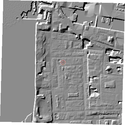 Shaded relief map of the ground around E148SN, computed from Environment Agency LiDAR. The ground here sits at about 2 m above sea level and falls 18 m across the surrounding 800 m. Surface water reaching this point runs off ground lying to the south-south-east, 1.6 m higher.