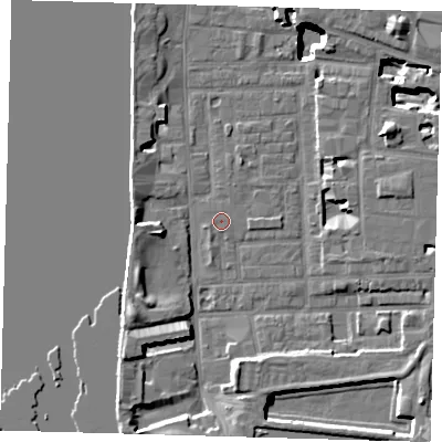 Shaded relief map of the ground around E148SR, computed from Environment Agency LiDAR. The ground here sits at about 3 m above sea level and falls 15 m across the surrounding 800 m. The ground contributing surface water to this point lies to the south-west.