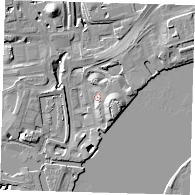 Shaded relief map of the ground around E149AA, computed from Environment Agency LiDAR. The ground here sits at about 5 m above sea level and falls 15 m across the surrounding 800 m. Surface water reaching this point runs off ground lying to the south-east, 12.4 m higher.