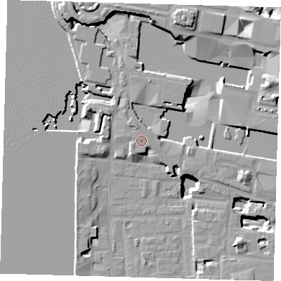 Shaded relief map of the ground around E149AB, computed from Environment Agency LiDAR. The ground here sits at about 5 m above sea level and falls 21 m across the surrounding 800 m. Surface water reaching this point runs off ground lying to the south-south-west, 0.6 m higher.