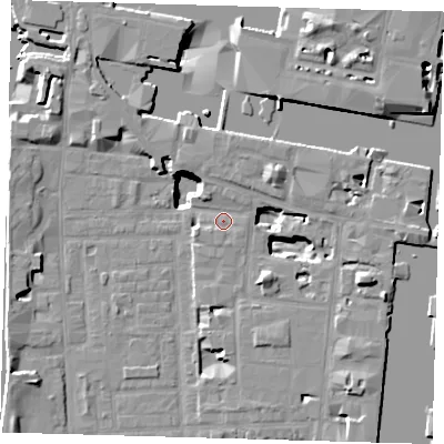 Shaded relief map of the ground around E149AE, computed from Environment Agency LiDAR. The ground here sits at about 4 m above sea level and falls 19 m across the surrounding 800 m. Surface water reaching this point runs off ground lying to the north-north-east, 2.7 m higher.
