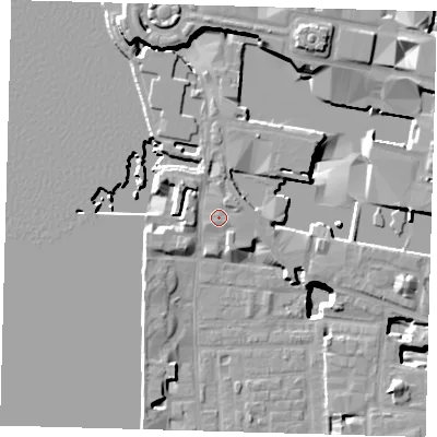Shaded relief map of the ground around E149AF, computed from Environment Agency LiDAR. The ground here sits at about 5 m above sea level and falls 21 m across the surrounding 800 m. Surface water reaching this point runs off ground lying to the north-north-east, 1.4 m higher.