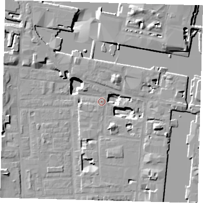 Shaded relief map of the ground around E149AJ, computed from Environment Agency LiDAR. The ground here sits at about 4 m above sea level and falls 19 m across the surrounding 800 m. Surface water reaching this point runs off ground lying to the north-north-east, 3.5 m higher.