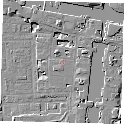 Shaded relief map of the ground around E149AN, computed from Environment Agency LiDAR. The ground here sits at about 4 m above sea level and falls 18 m across the surrounding 800 m. Surface water reaching this point runs off ground lying to the south-south-west, 1.1 m higher.
