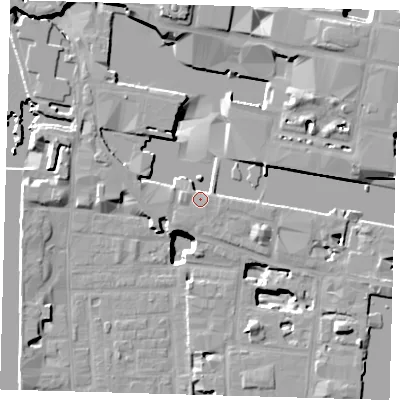 Shaded relief map of the ground around E149AZ, computed from Environment Agency LiDAR. The ground here sits at about 5 m above sea level and falls 21 m across the surrounding 800 m. Surface water reaching this point runs off ground lying to the west, 3.7 m higher.