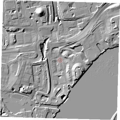 Shaded relief map of the ground around E149BA, computed from Environment Agency LiDAR. The ground here sits at about 3 m above sea level and falls 15 m across the surrounding 800 m. Surface water reaching this point runs off ground lying to the south-east, 12.4 m higher.
