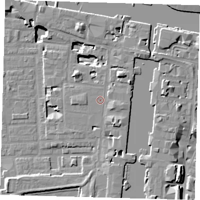 Shaded relief map of the ground around E149BD, computed from Environment Agency LiDAR. The ground here sits at about 4 m above sea level and falls 17 m across the surrounding 800 m. Surface water reaching this point runs off ground lying to the east-north-east, 3.2 m higher.