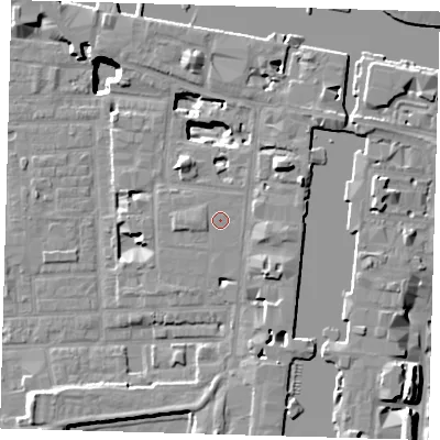 Shaded relief map of the ground around E149BN, computed from Environment Agency LiDAR. The ground here sits at about 4 m above sea level and falls 17 m across the surrounding 800 m. The ground contributing surface water to this point lies to the north-east.