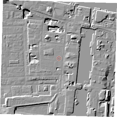 Shaded relief map of the ground around E149BW, computed from Environment Agency LiDAR. The ground here sits at about 4 m above sea level and falls 17 m across the surrounding 800 m. The ground contributing surface water to this point lies to the south.