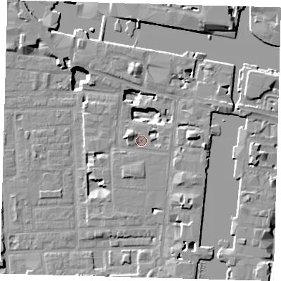 Shaded relief map of the ground around E149DD, computed from Environment Agency LiDAR. The ground here sits at about 4 m above sea level and falls 18 m across the surrounding 800 m. Surface water reaching this point runs off ground lying to the south, 1.1 m higher.