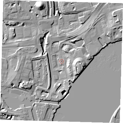 Shaded relief map of the ground around E149DE, computed from Environment Agency LiDAR. The ground here sits at about 3 m above sea level and falls 15 m across the surrounding 800 m. Surface water reaching this point runs off ground lying to the east-south-east, 12.4 m higher.
