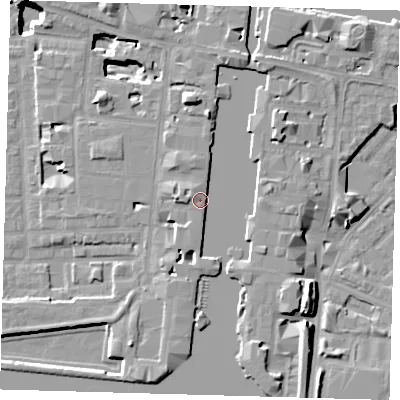 Shaded relief map of the ground around E149DH, computed from Environment Agency LiDAR. The ground here sits at about 6 m above sea level and falls 17 m across the surrounding 800 m. Surface water reaching this point runs off ground lying to the west-north-west, 3.9 m higher.