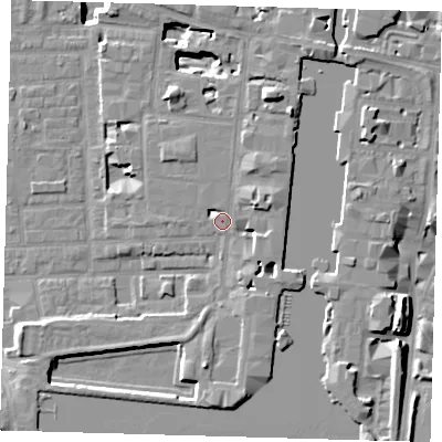 Shaded relief map of the ground around E149DJ, computed from Environment Agency LiDAR. The ground here sits at about 4 m above sea level and falls 17 m across the surrounding 800 m. Surface water reaching this point runs off ground lying to the east-north-east, 3.6 m higher.