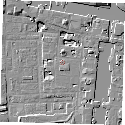 Shaded relief map of the ground around E149DQ, computed from Environment Agency LiDAR. The ground here sits at about 4 m above sea level and falls 18 m across the surrounding 800 m. Surface water reaching this point runs off ground lying to the south-south-east, 1.1 m higher.