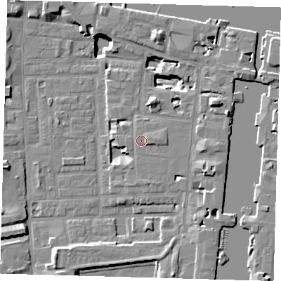 Shaded relief map of the ground around E149DS, computed from Environment Agency LiDAR. The ground here sits at about 4 m above sea level and falls 17 m across the surrounding 800 m. Surface water reaching this point runs off ground lying to the east-north-east, 1.1 m higher.